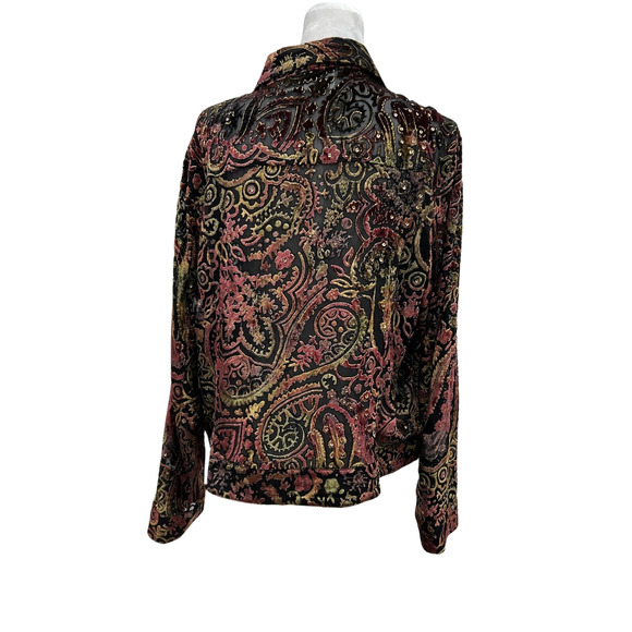 Chicos Sz 2 Lg Black Multicolored Open Velvet Burnout Relaxed Cardigan Blouse - Picture 2 of 11